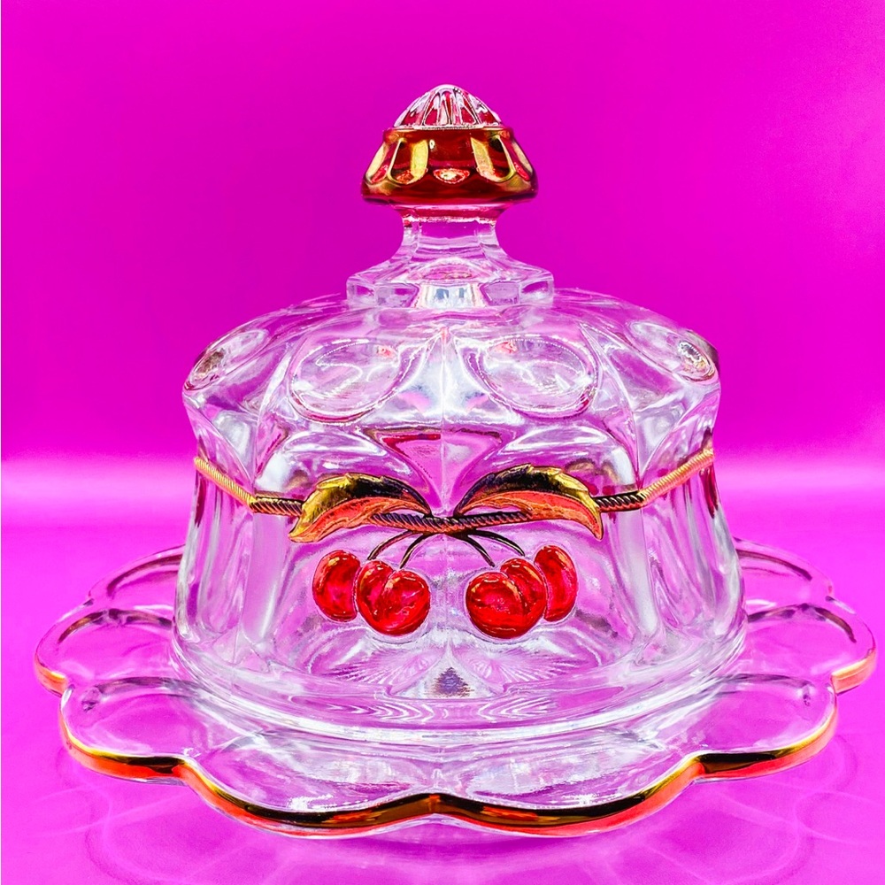 Antique Northwood Cherry & Cable Covered Butter Dish - Clear Ruby Pressed Glass🍒